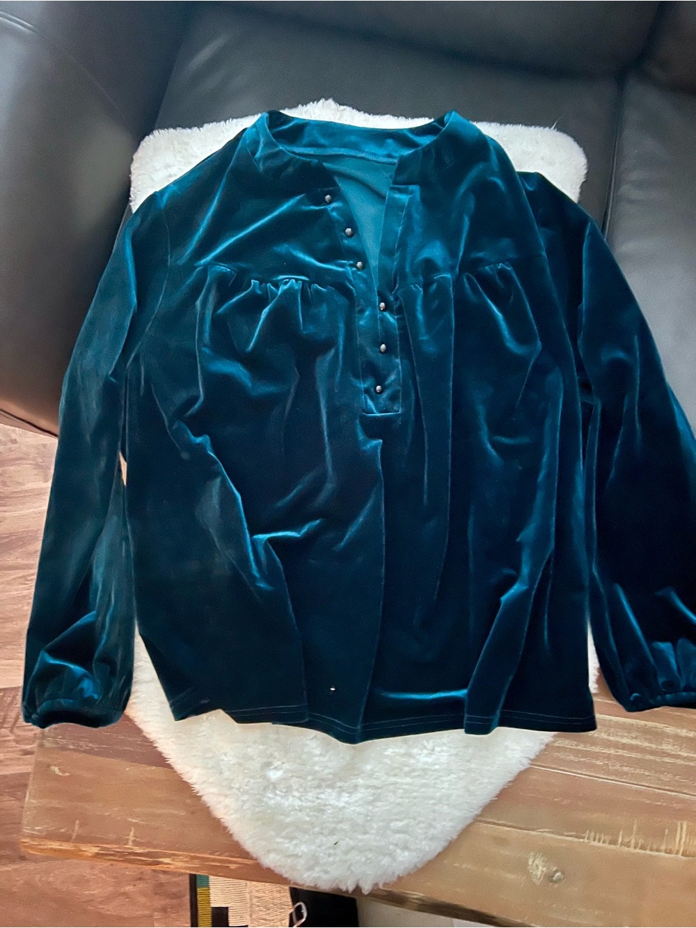 Velvet Long-Sleeve Henley Blouse in Deep Teal